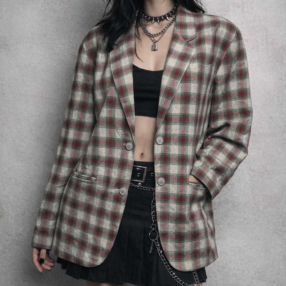 Tartan Plaid Boxy‎ Blazer Women Size 8 Cotton Linen Italy Red Vintage Holiday
